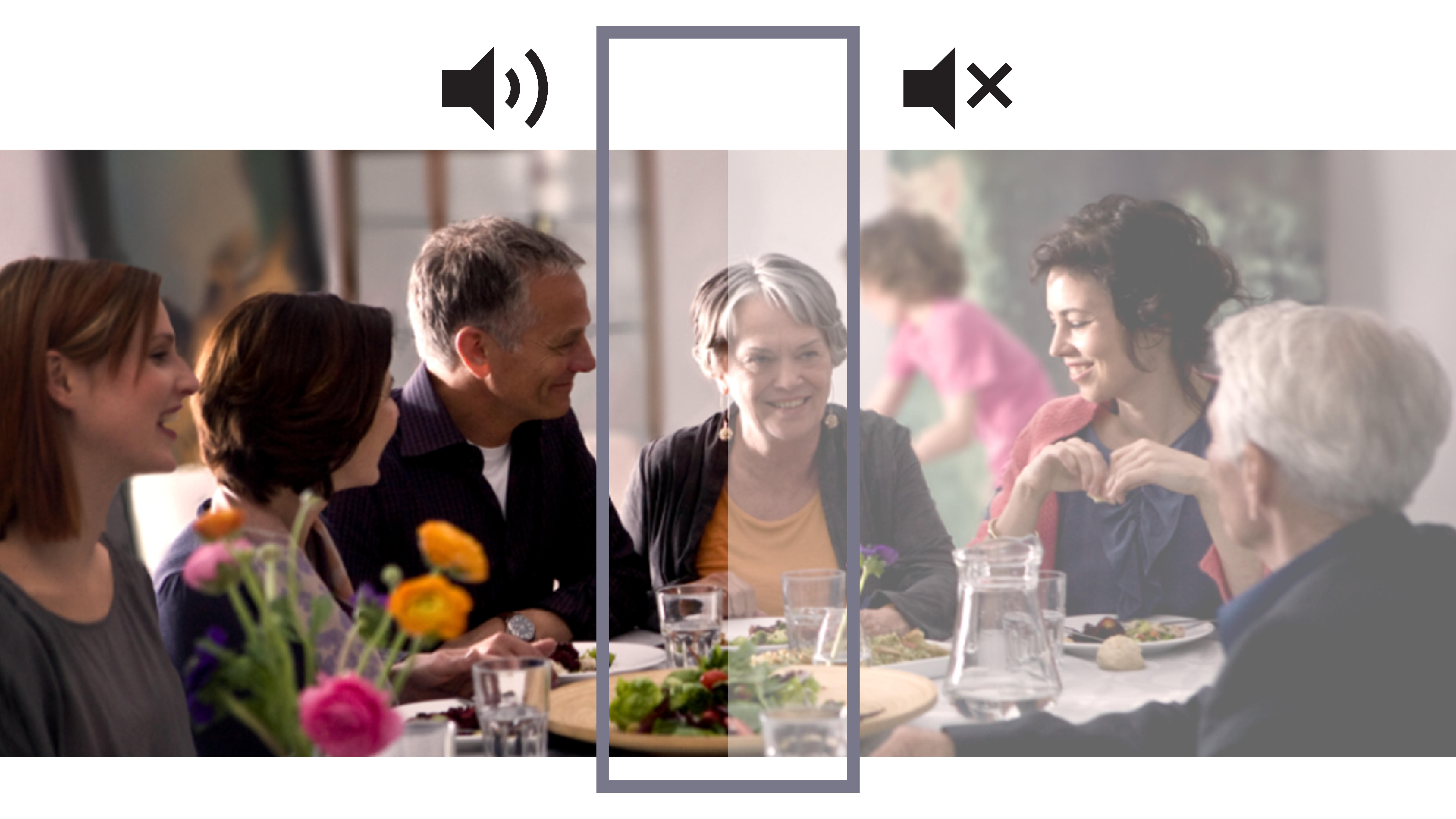 Bilateral hearing loss wearing one hearing aid black icons