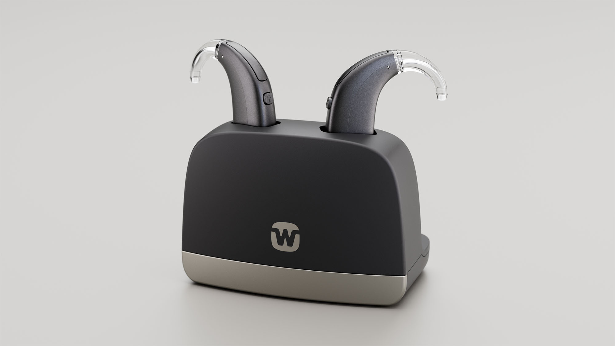 Widex Allure BTE R D behind the ear hearing aids in standard charger.