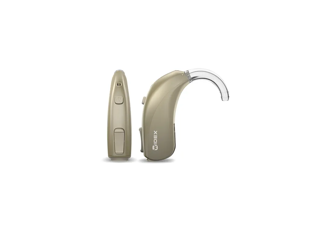 Widex moment behind the ear 13 D in a honey blonde colour.