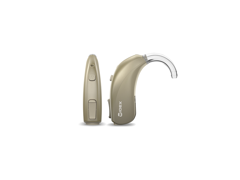 Widex moment behind the ear 13 D in a honey blonde colour.