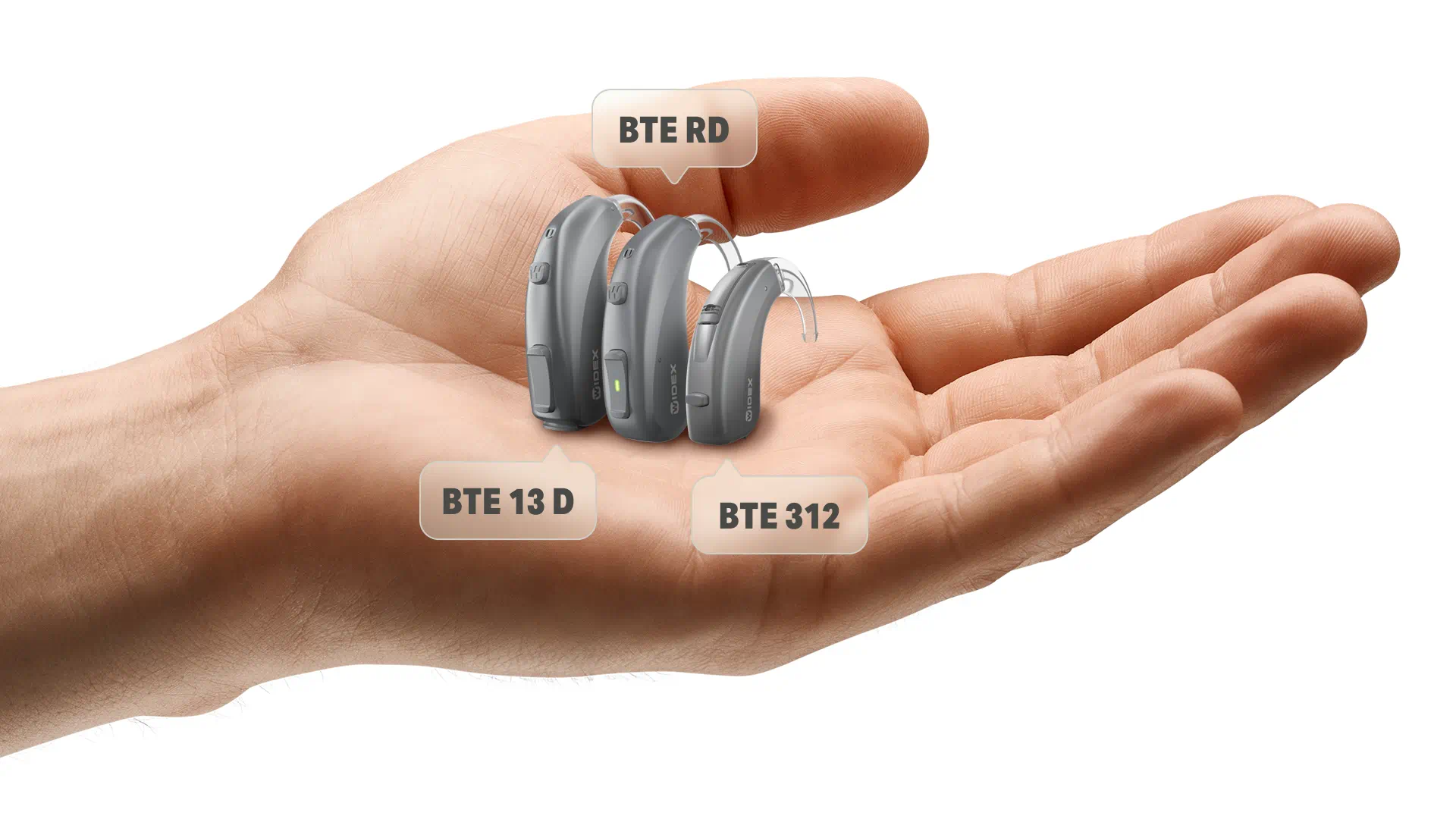 Widex Moment BTE 312, BTE 13 D and BTE RD hearing aids comparison in size and look to each other. 