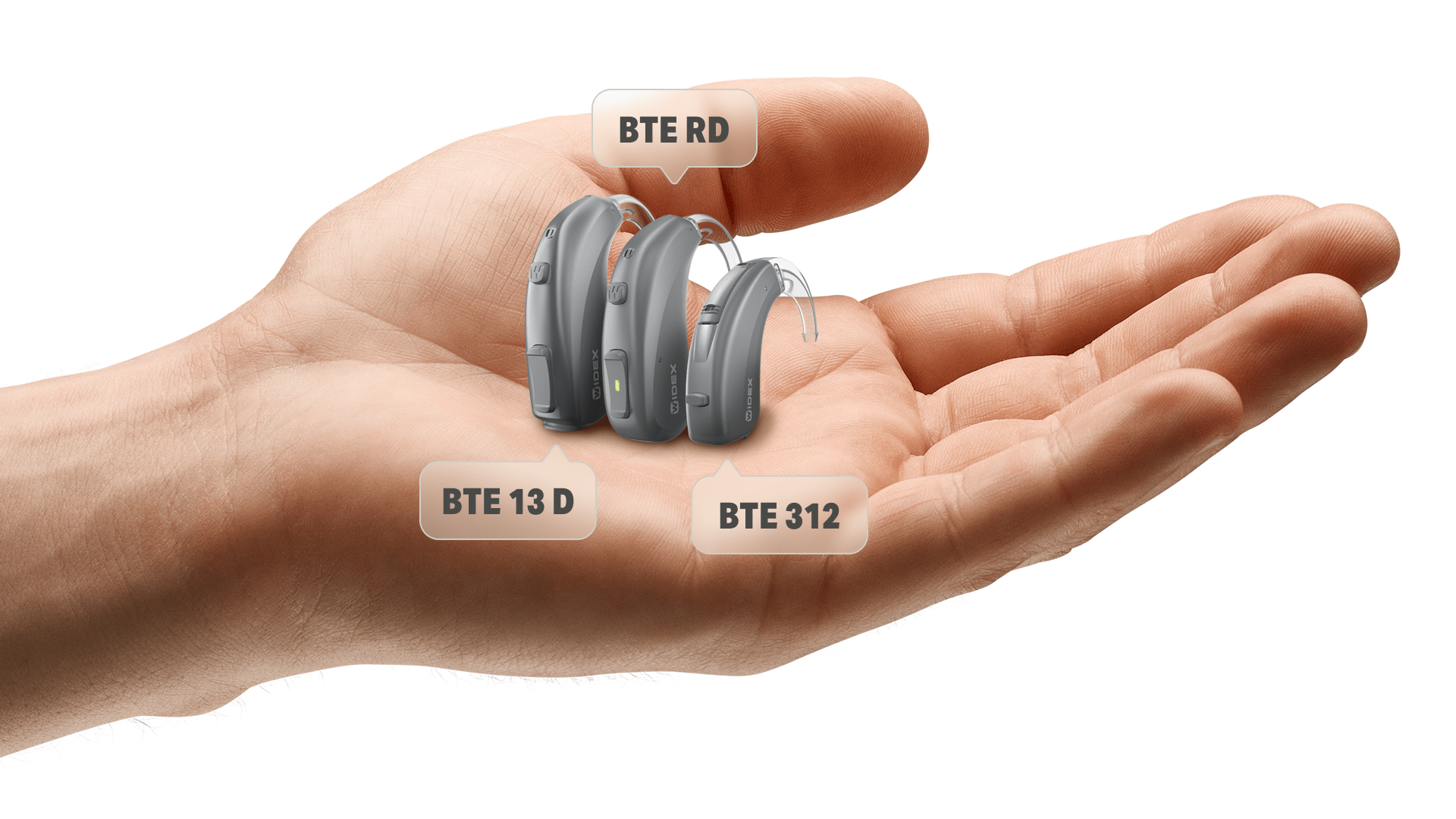 Widex Moment BTE 312, BTE 13 D and BTE RD hearing aids comparison in size and look to each other. 