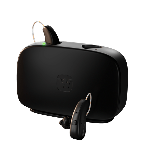 Widex Moment Sheer hearing rechargeable hearing aids in charger