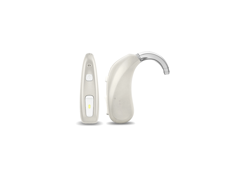 Widex moment BTE RD (behind the ear) hearing aids shown in a pearl white colour. 