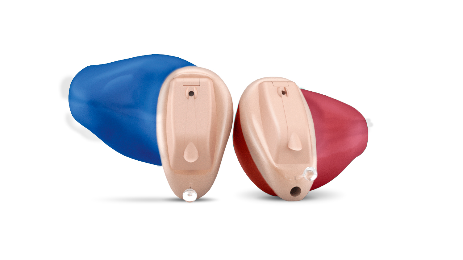 Completely in canal micro hearing aid, in the colours light beige, blue and red. 