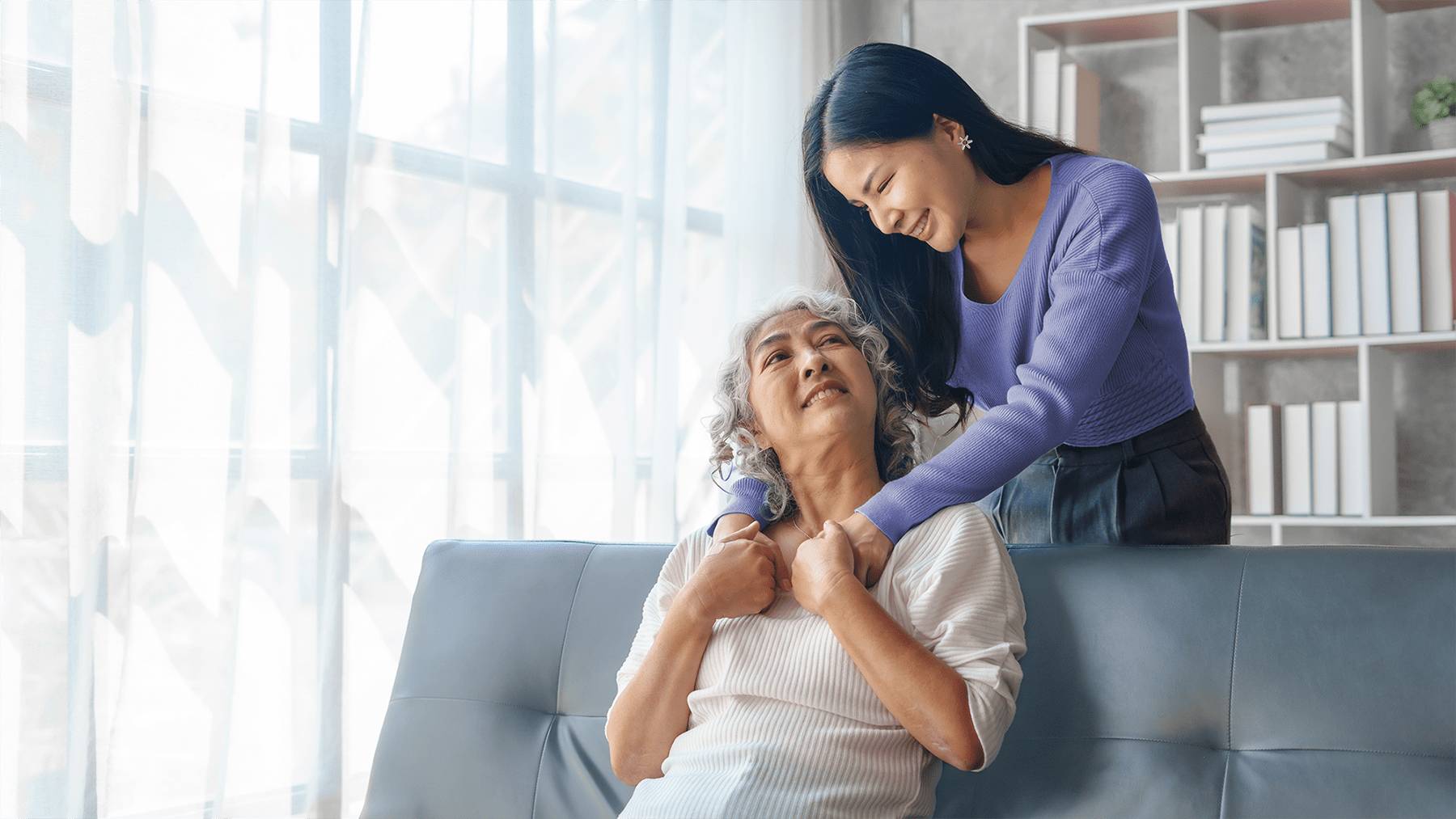 mother and daughter at living room