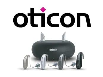 Oticon logo and products. 