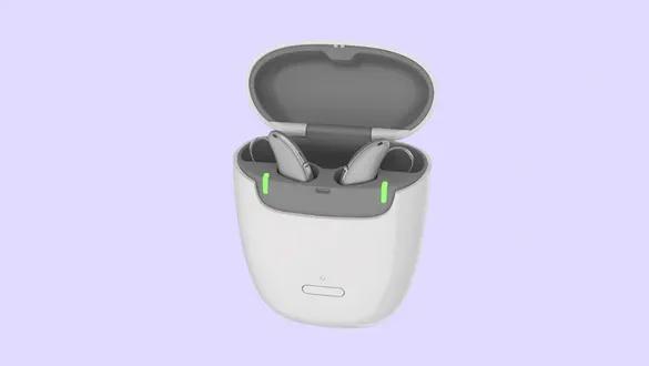 Rechargeable hearing aids in case. 