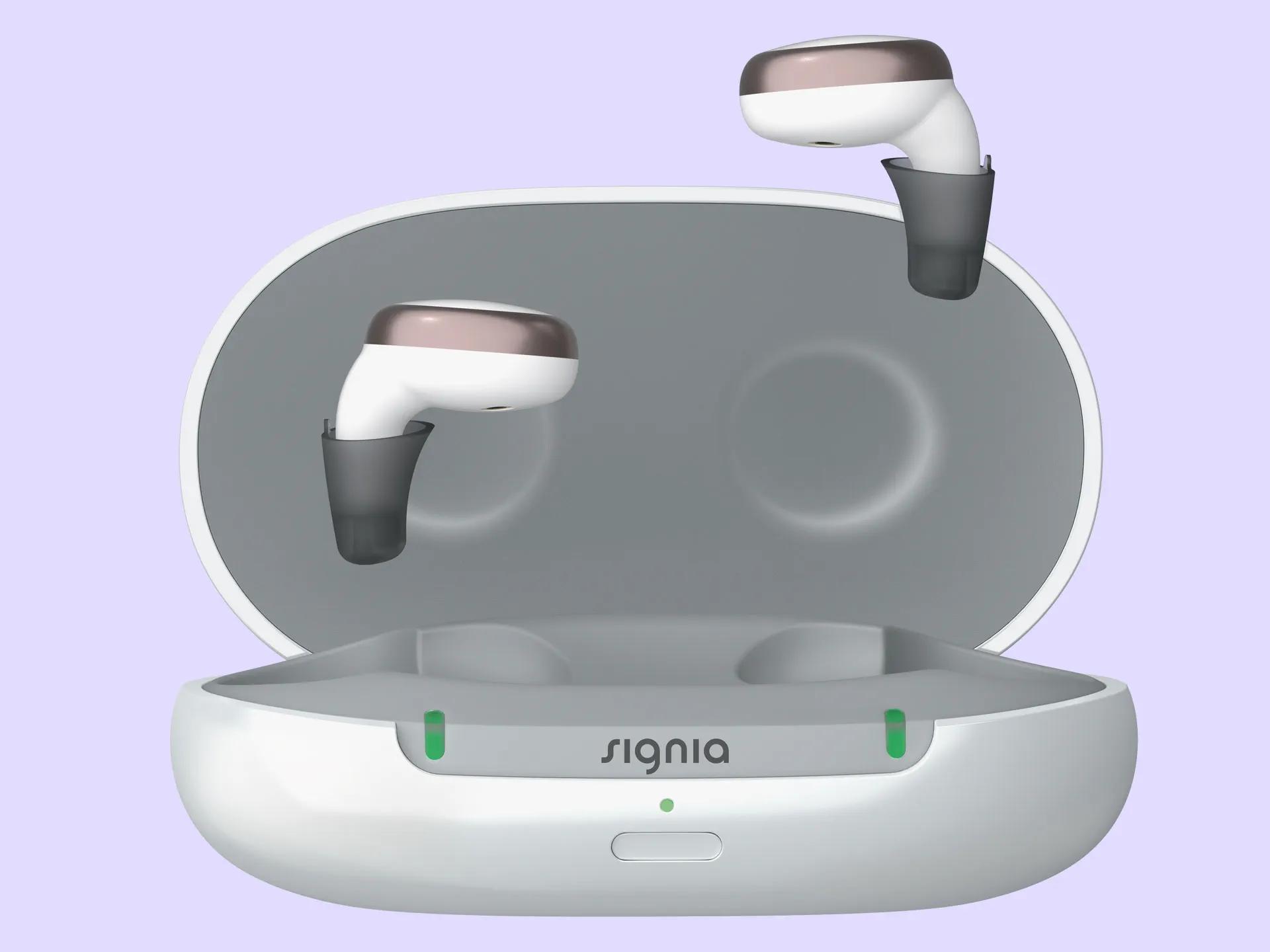 Signia active white and gold hearing aid witha light purple background. 